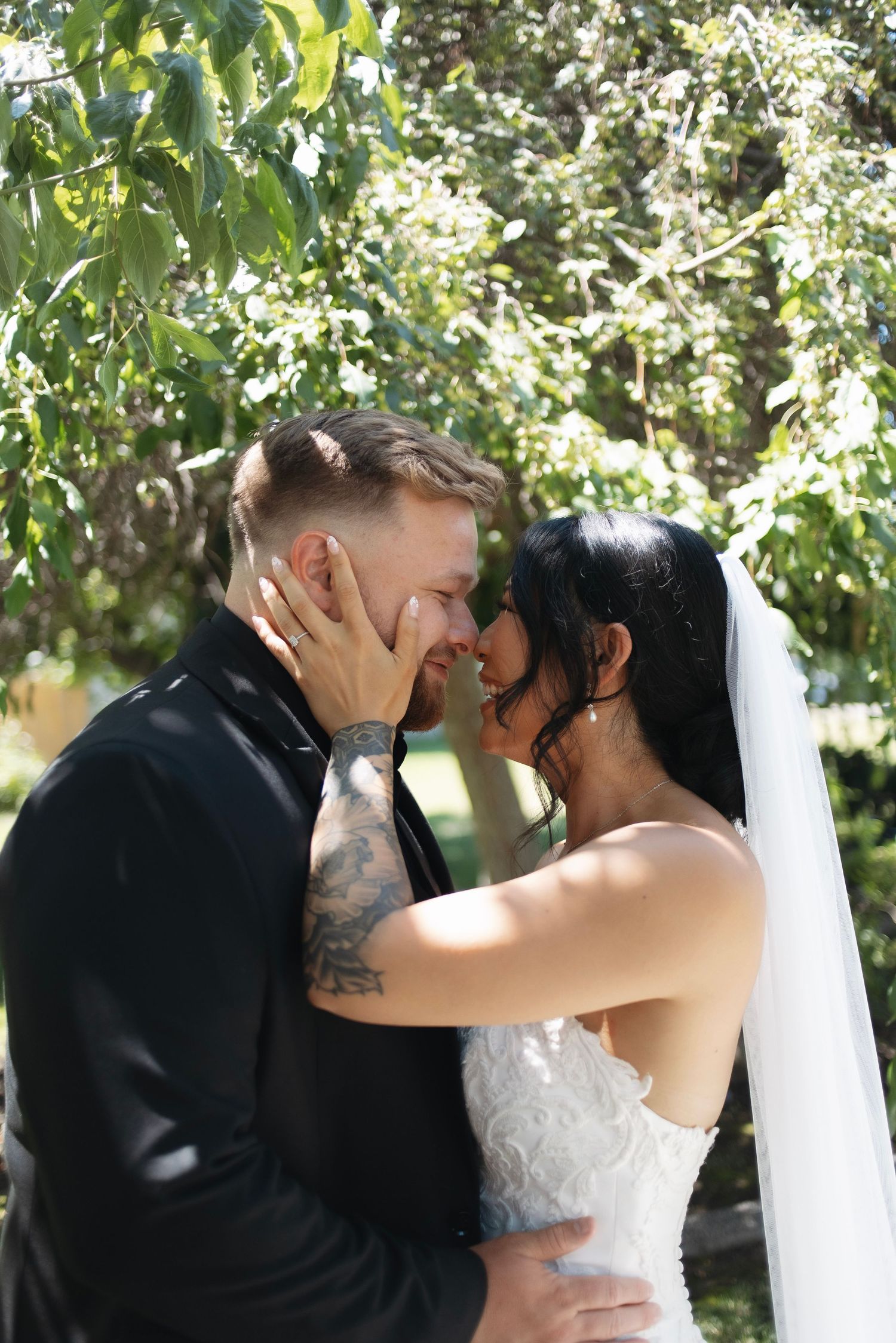 A romantic wedding sequence shows a couple in traditional attire sharing intimate kisses in a sunlit garden setting.