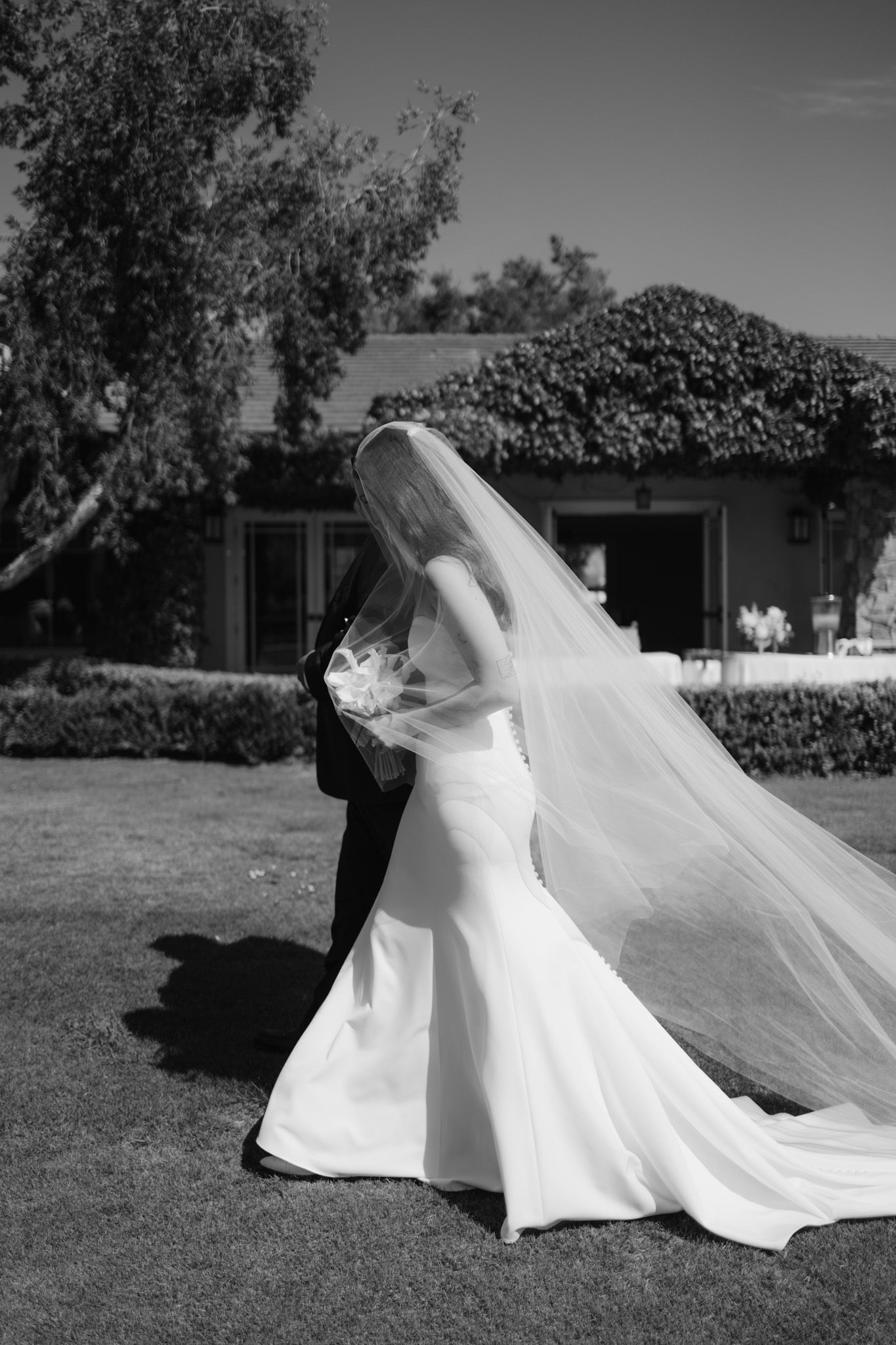 A flowing white wedding dress and veil billow dramatically in the wind during an outdoor photo session.