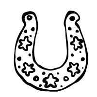 A black and white drawing of a horseshoe decorated with stars and dots.