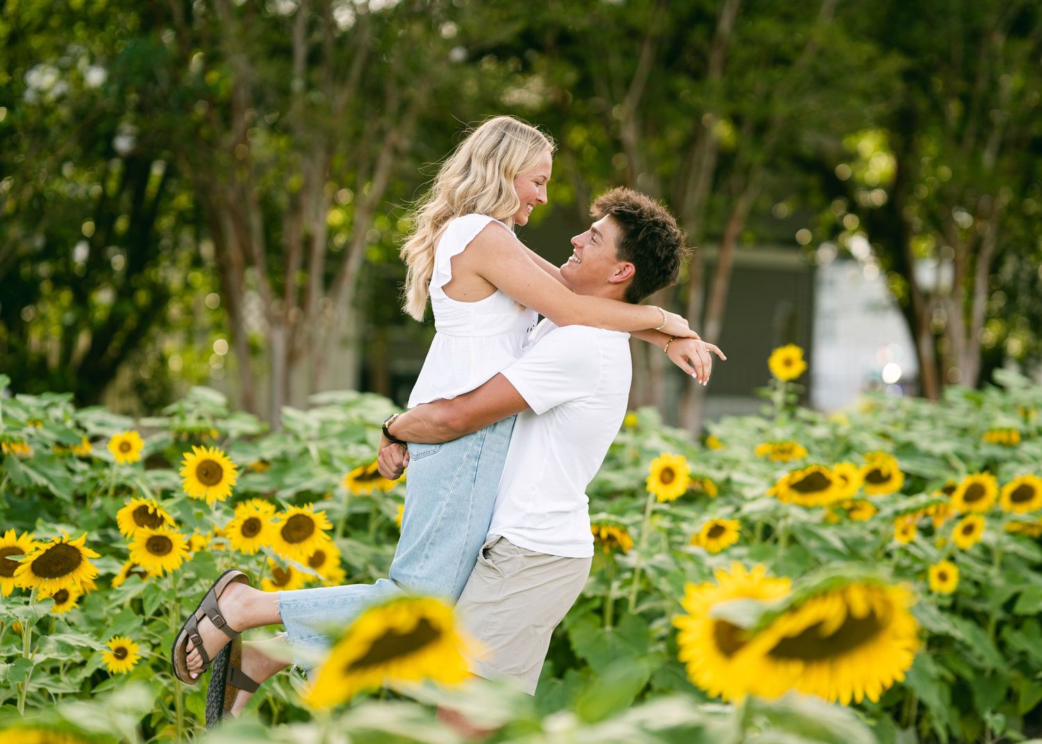 Man lifting woman in a sunflower field, sharing a romantic moment among yellow blooms.