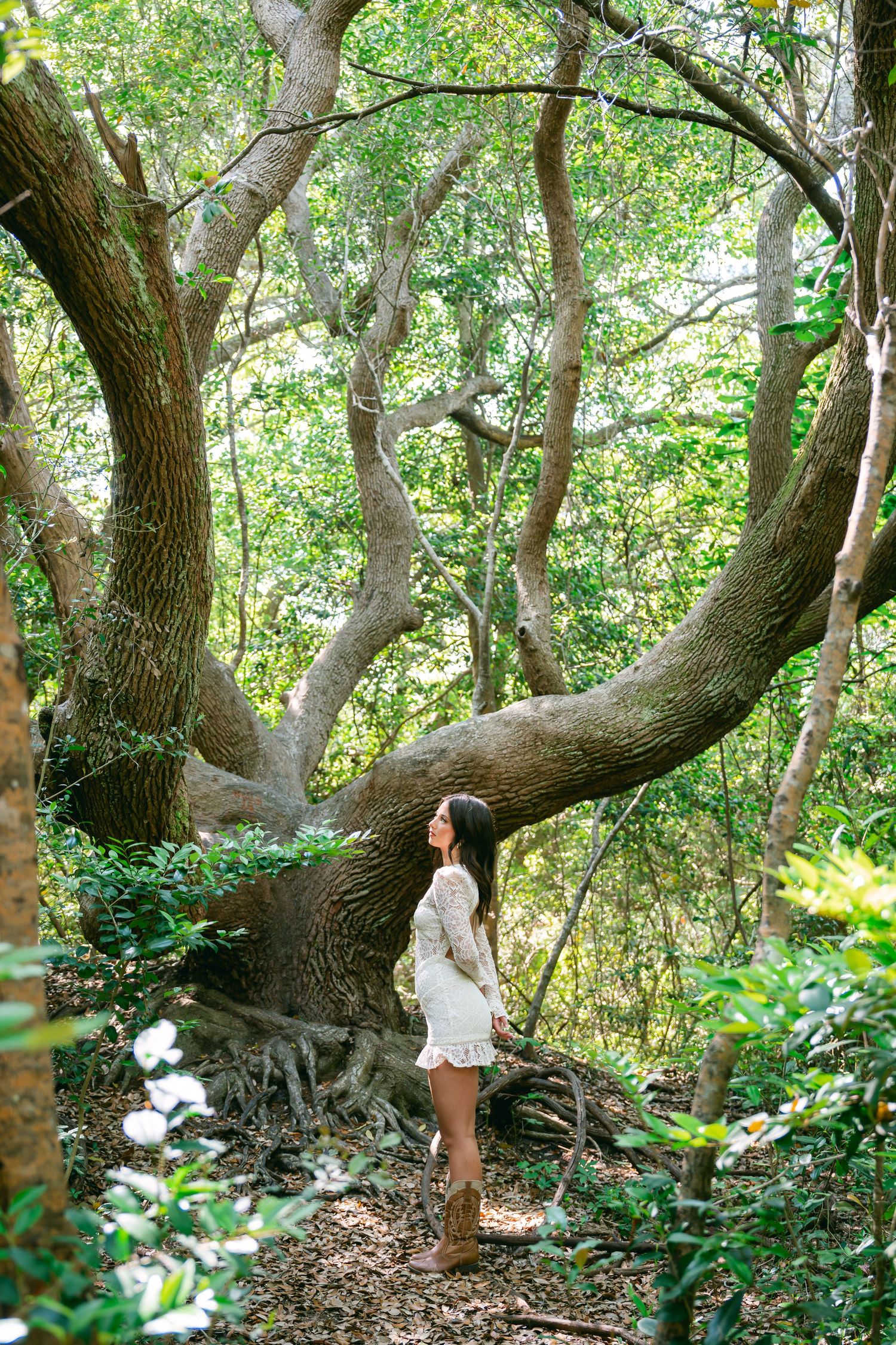 Young woman in white lace dress standing beside a large twisted tree.