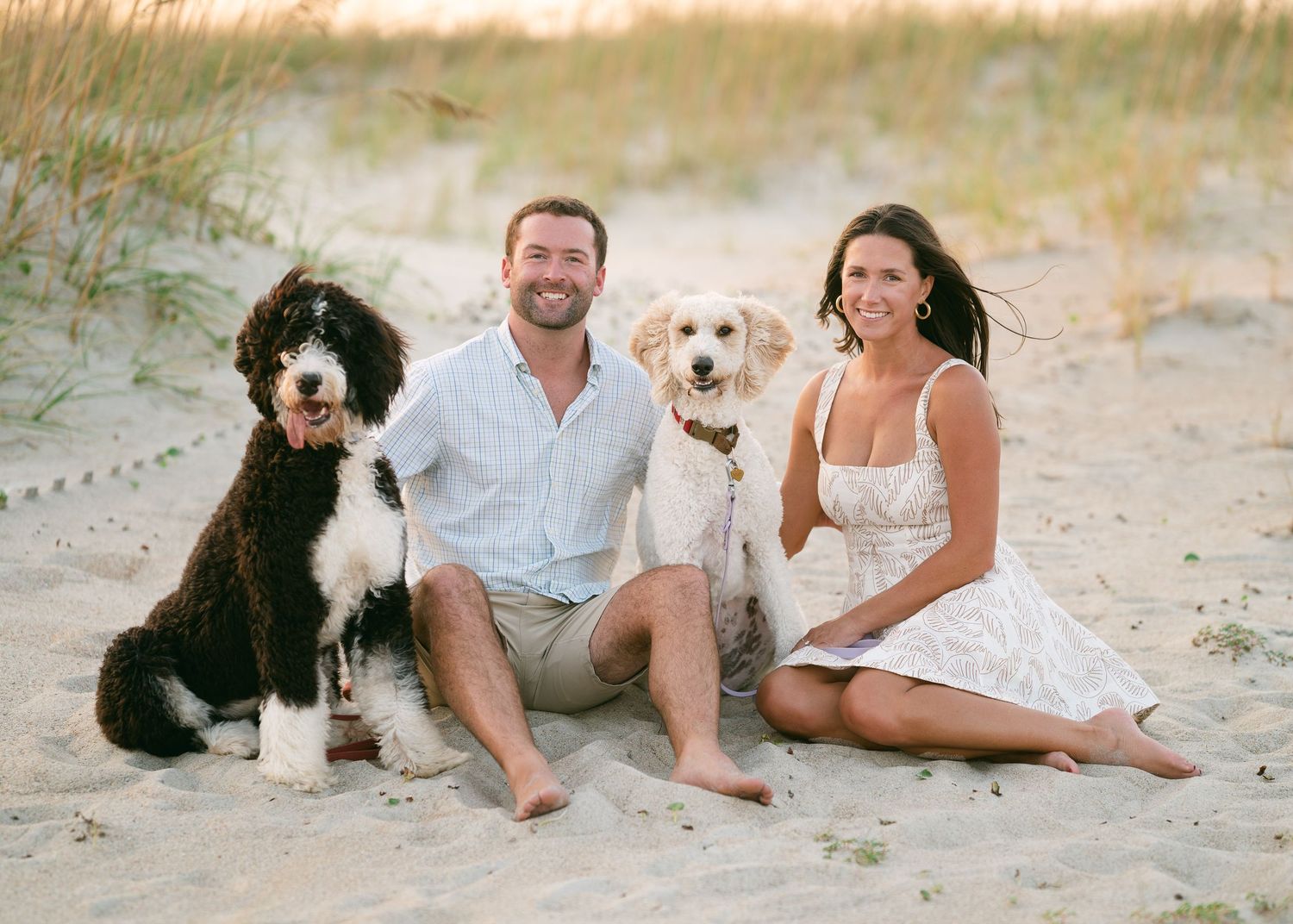 Couple sitting on beach sand with two dogs, a doodle and a golden retriever.