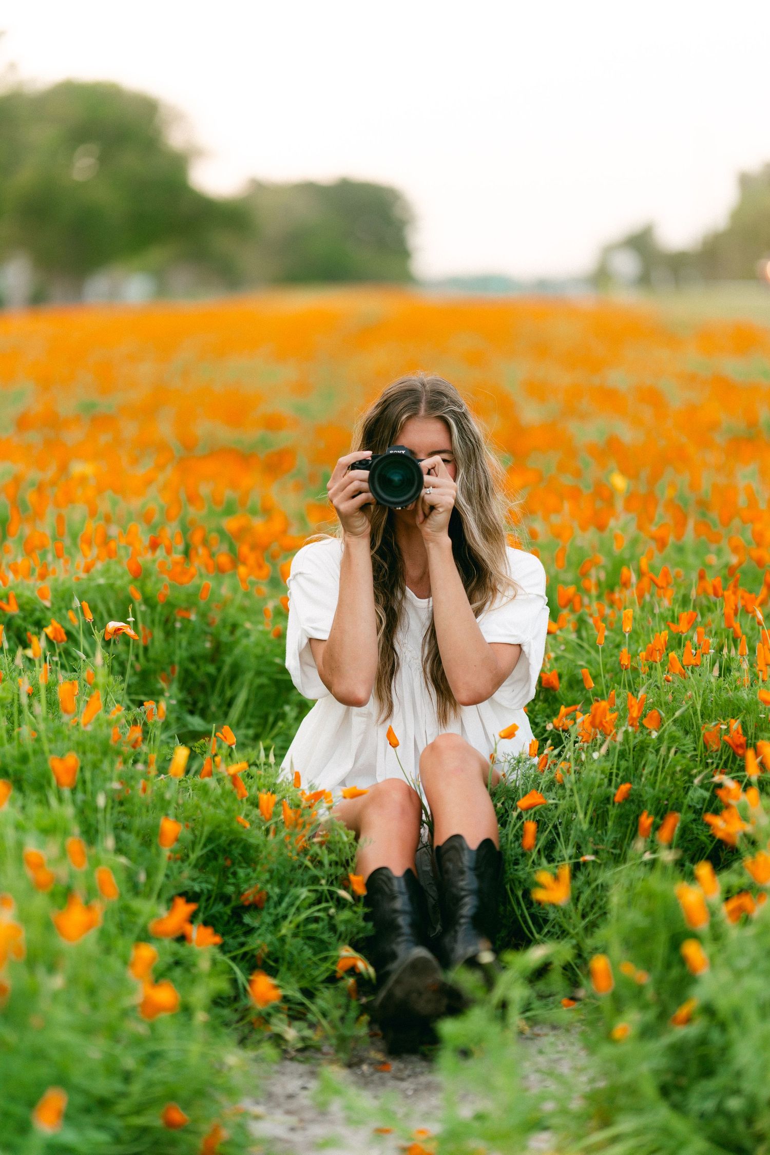 Young woman in white dress and boots sitting in a vibrant orange poppy field holding a camera.