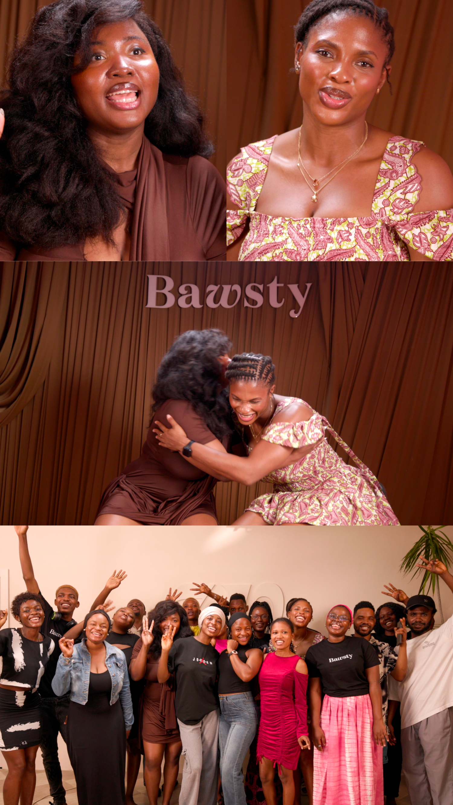 A joyful group photo session featuring people posing and smiling together in coordinated outfits.