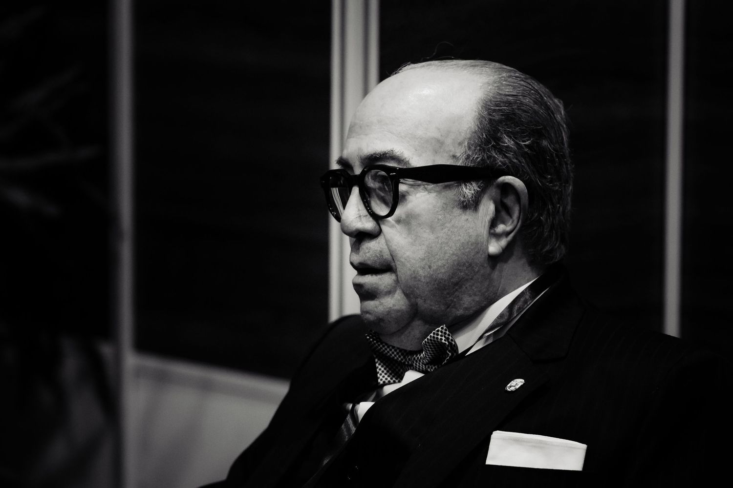 Black and white portrait of a middle-aged man wearing glasses and a bow tie, photographed in profile.
