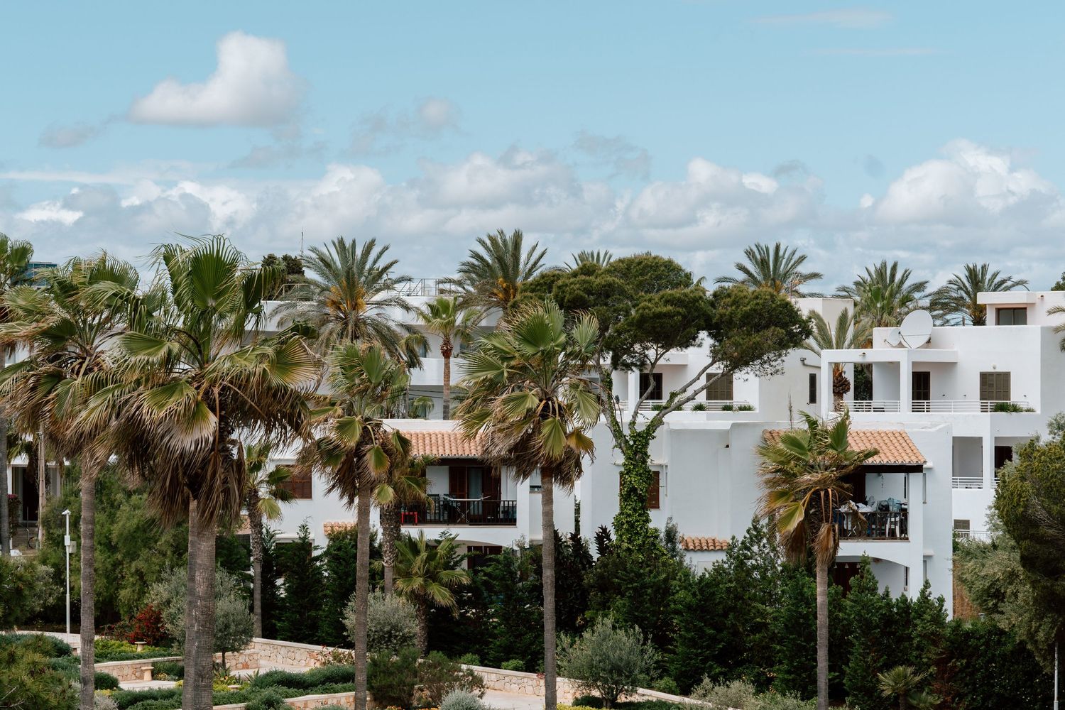 Palm trees line a serene Mediterranean residential street with white-walled villas under blue skies.