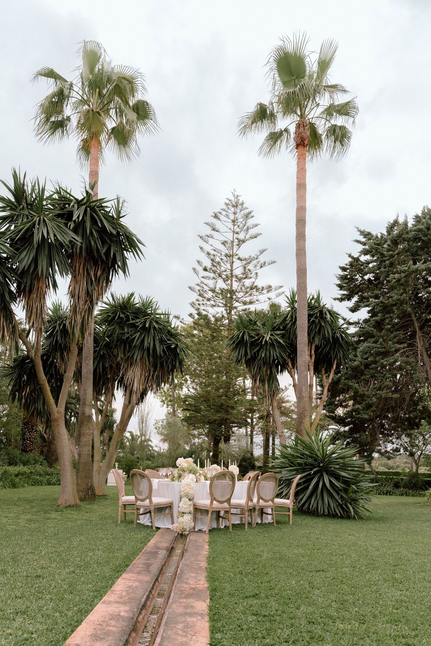 Palm tree-lined garden pathway with wedding ceremony setup.