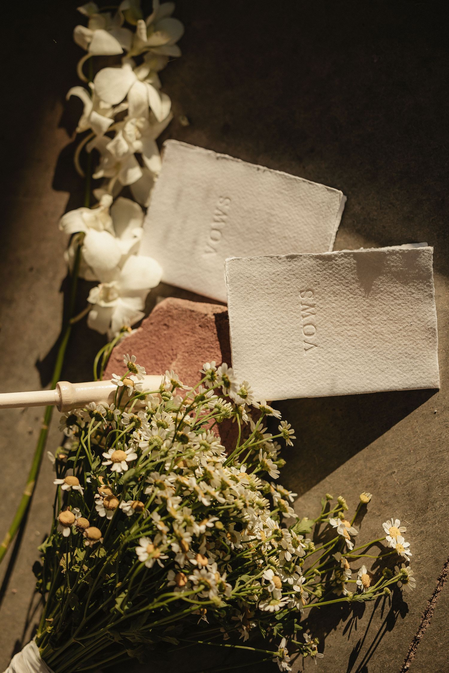 White daisies and napkins artistically arranged in moody lighting.