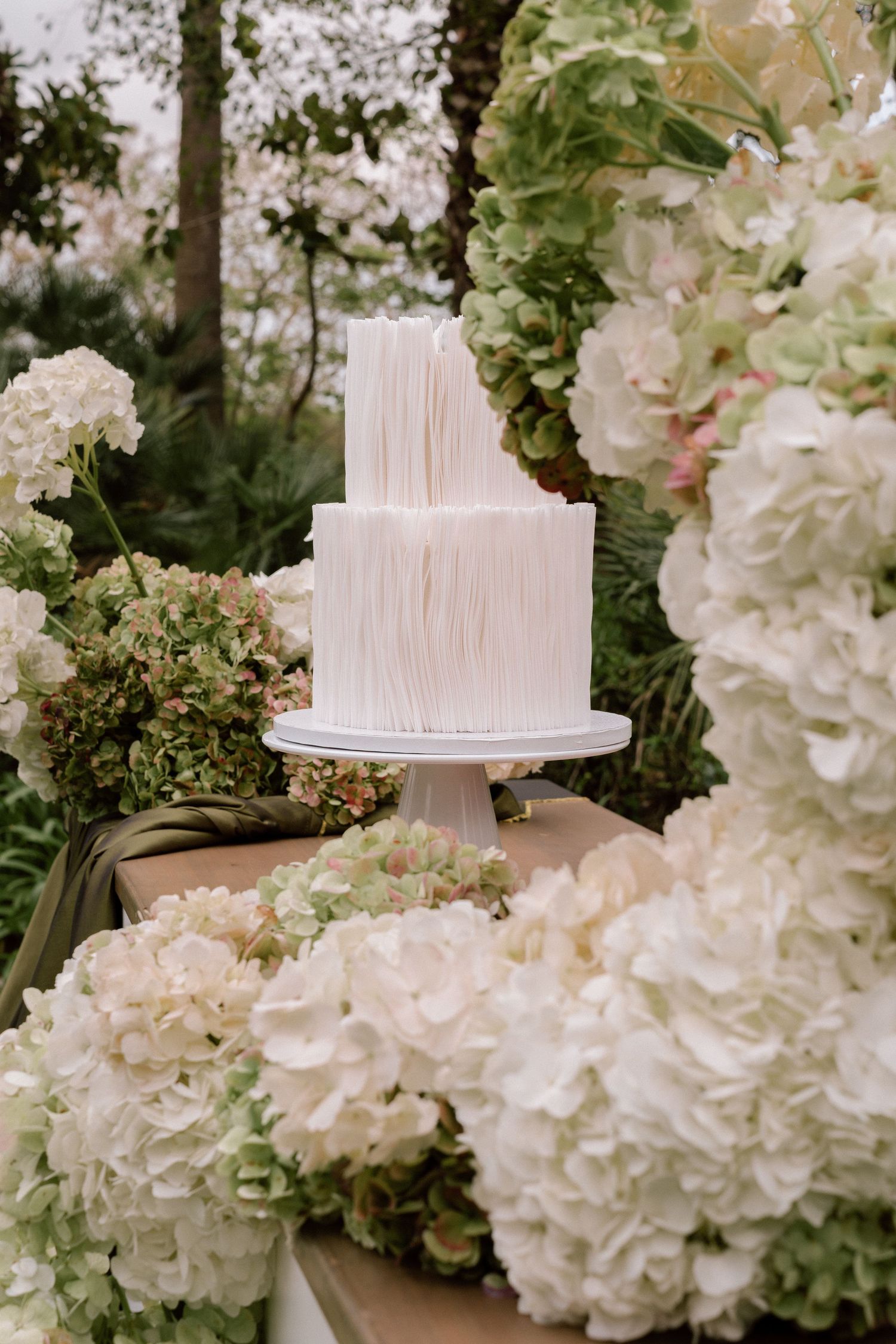 White textured wedding cake surrounded by lush hydrangea flowers.