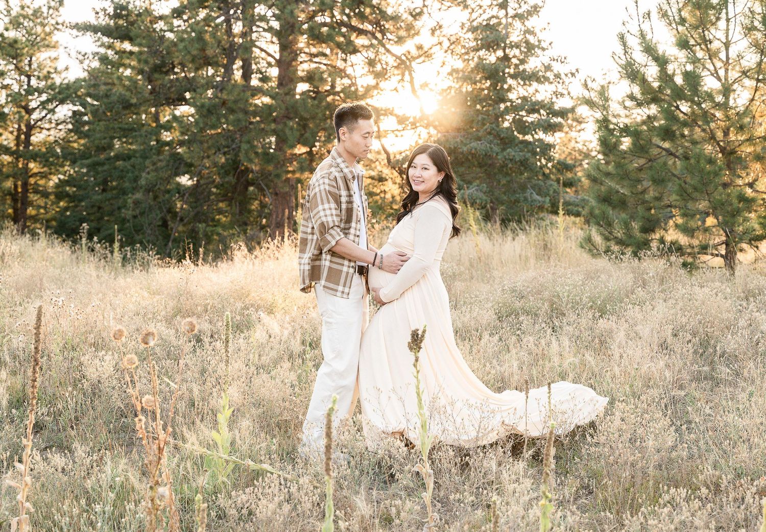 A couple poses together in a golden field at sunset with evergreen trees in the background.
