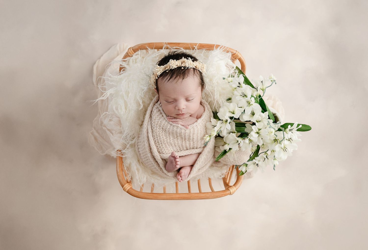 A series of five soft, neutral-toned newborn photographs arranged in a horizontal row featuring baskets and floral elements.