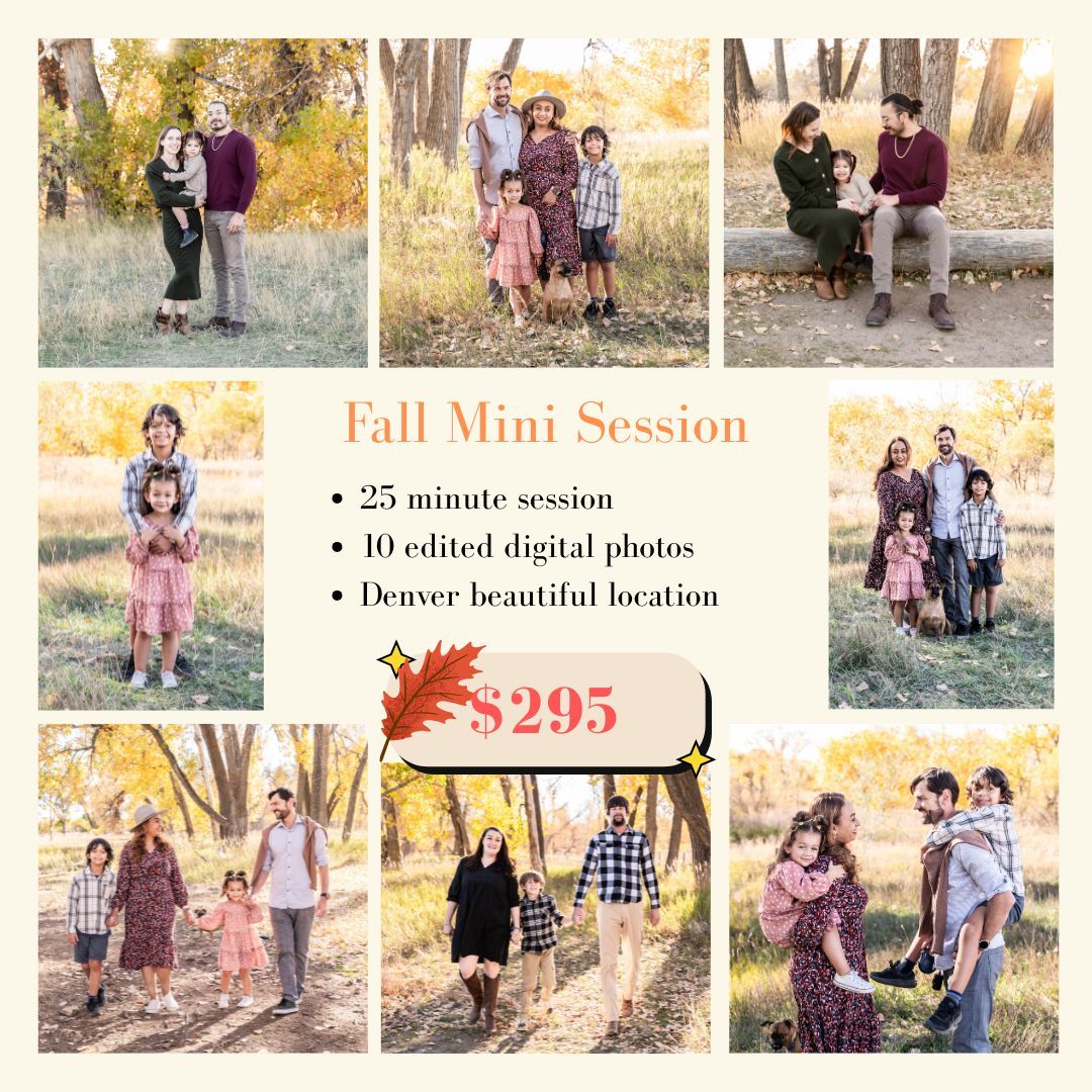 Fall mini session collage featuring families posing outdoors in autumn foliage, 25-minute session with 10 edited photos for $295 in Denver.