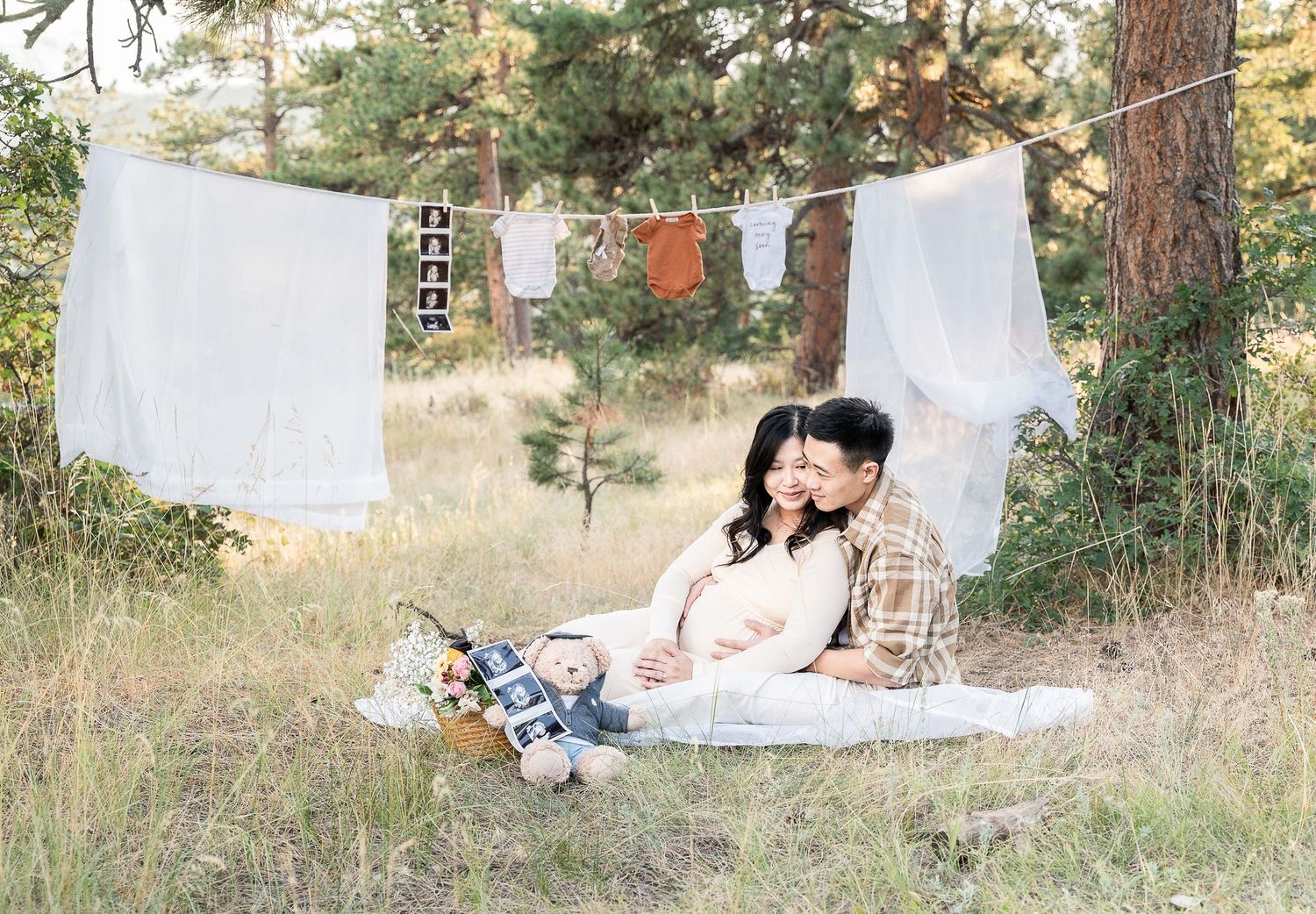 A romantic outdoor scene with laundry hanging on a clothesline and a couple relaxing on a blanket in a grassy field.