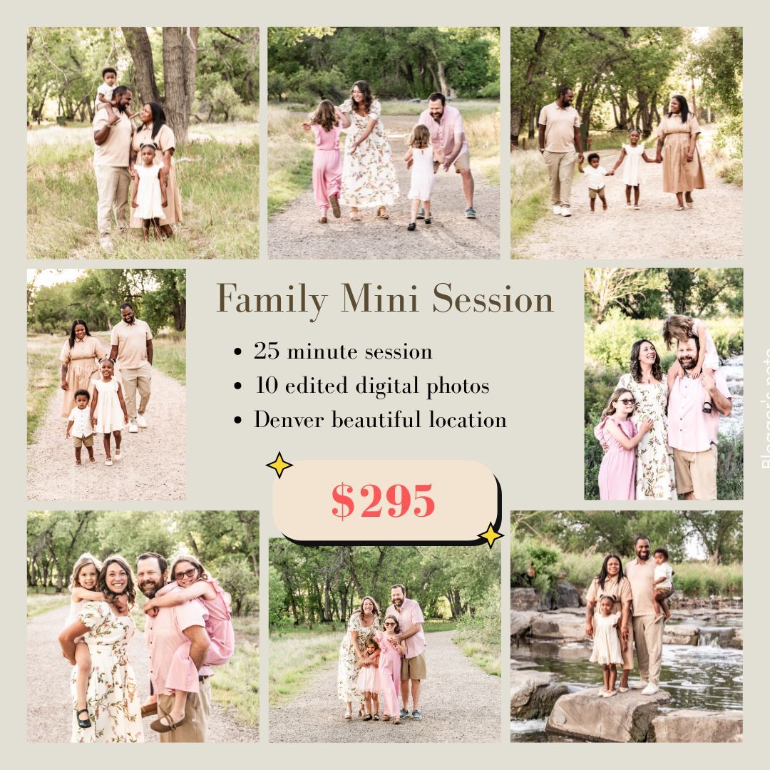 Family mini session collage featuring a family in coordinating outfits at a Denver park location for $295.