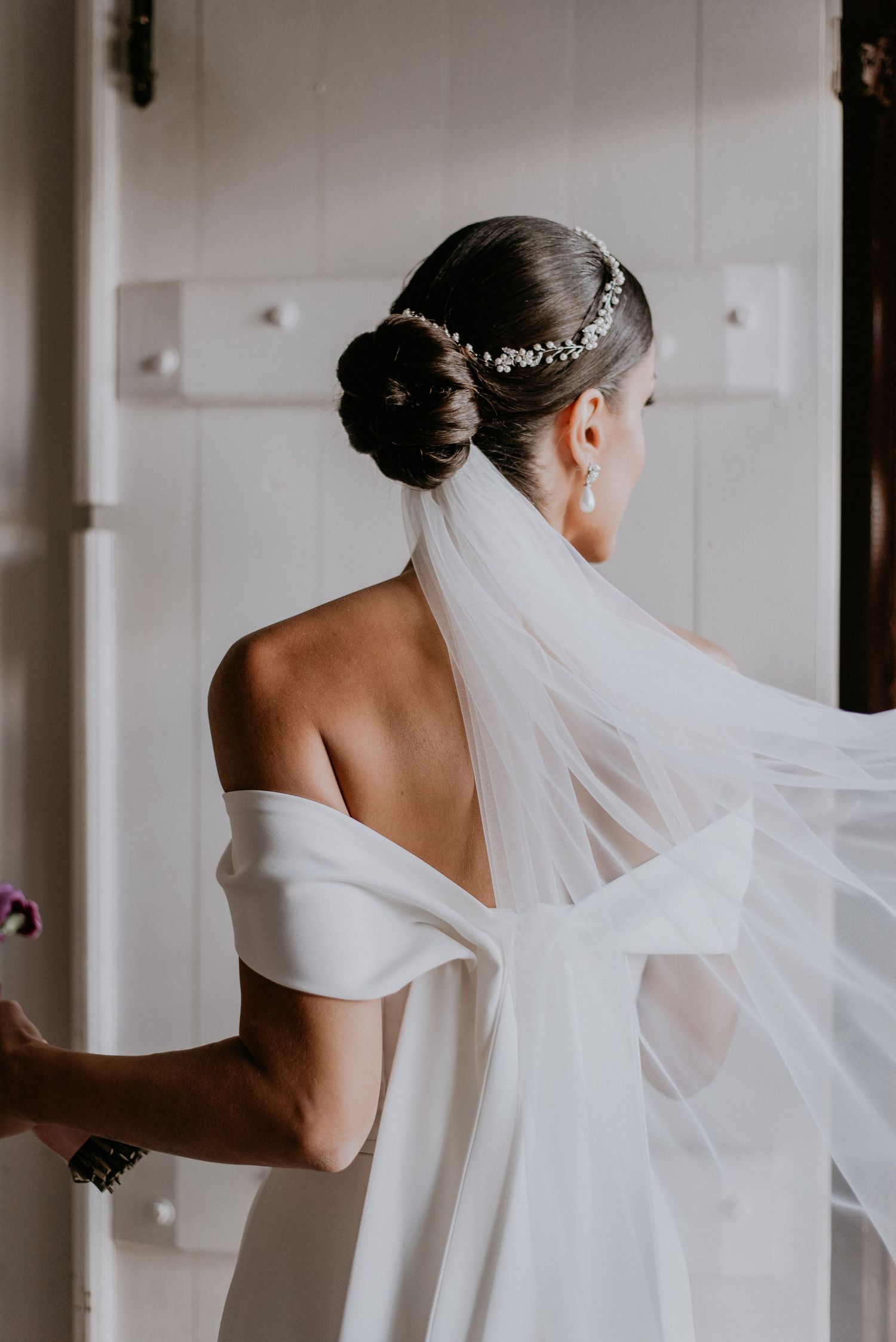 Elegant bridal hairstyle with crystal hairpiece and flowing veil from behind.