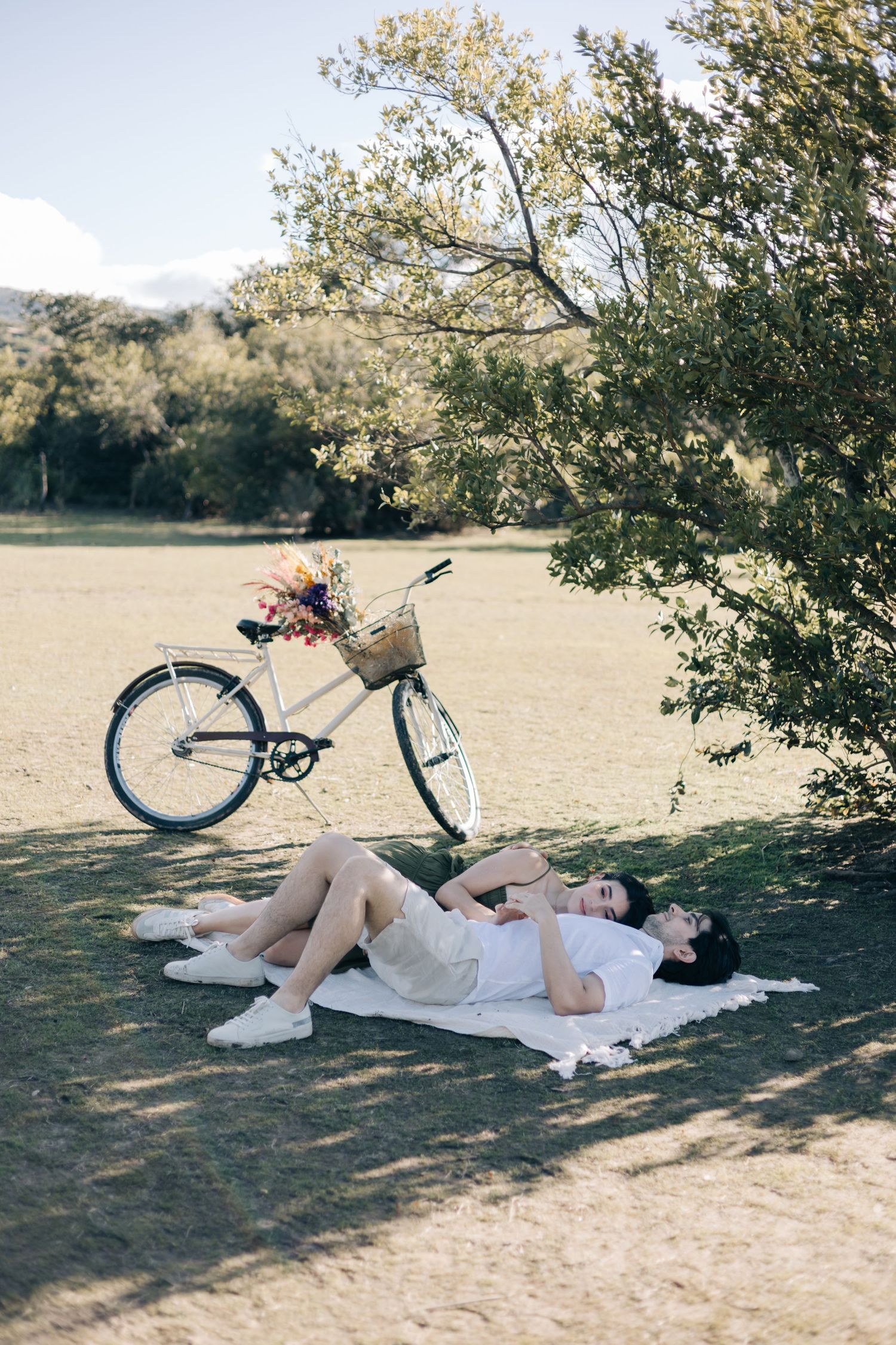 A vintage bicycle with a flower basket rests near a shaded tree as someone relaxes on a picnic blanket in a sunny field.