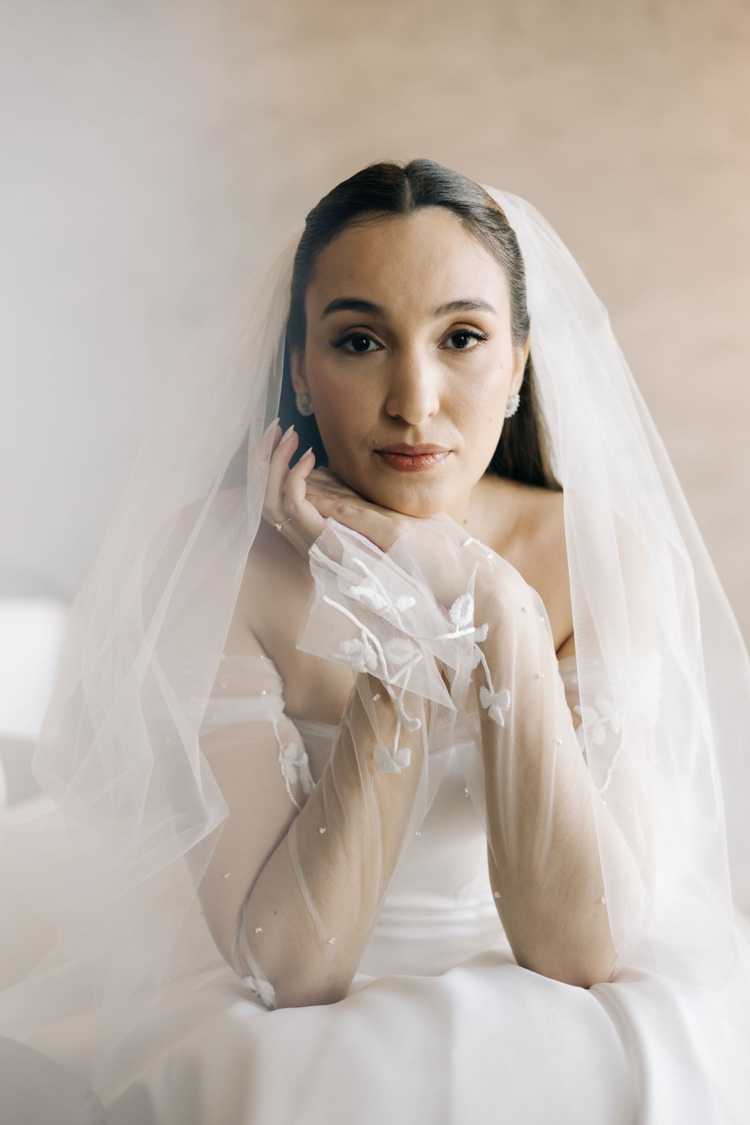 Elegant bridal portrait with delicate tulle veil against neutral background.