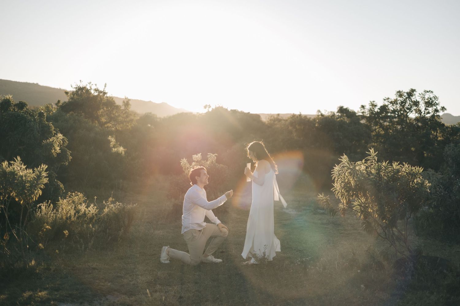 A sunset proposal moment captured on a hilltop with golden light streaming through.