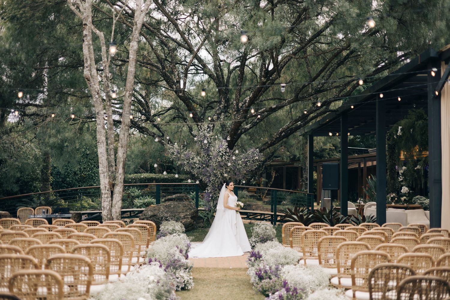Rustic wooden chairs line both sides of an outdoor aisle with tall trees creating a natural cathedral ceiling.