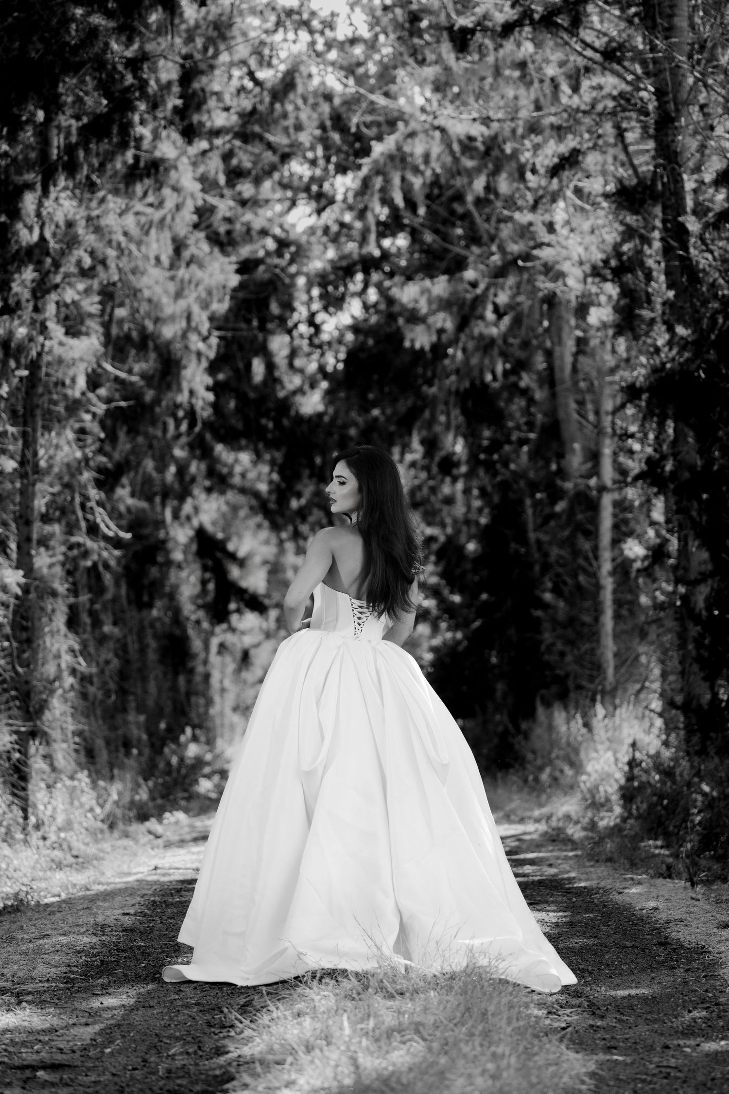 Bride in strapless corset ball gown stands on forest path surrounded by tall evergreen trees.