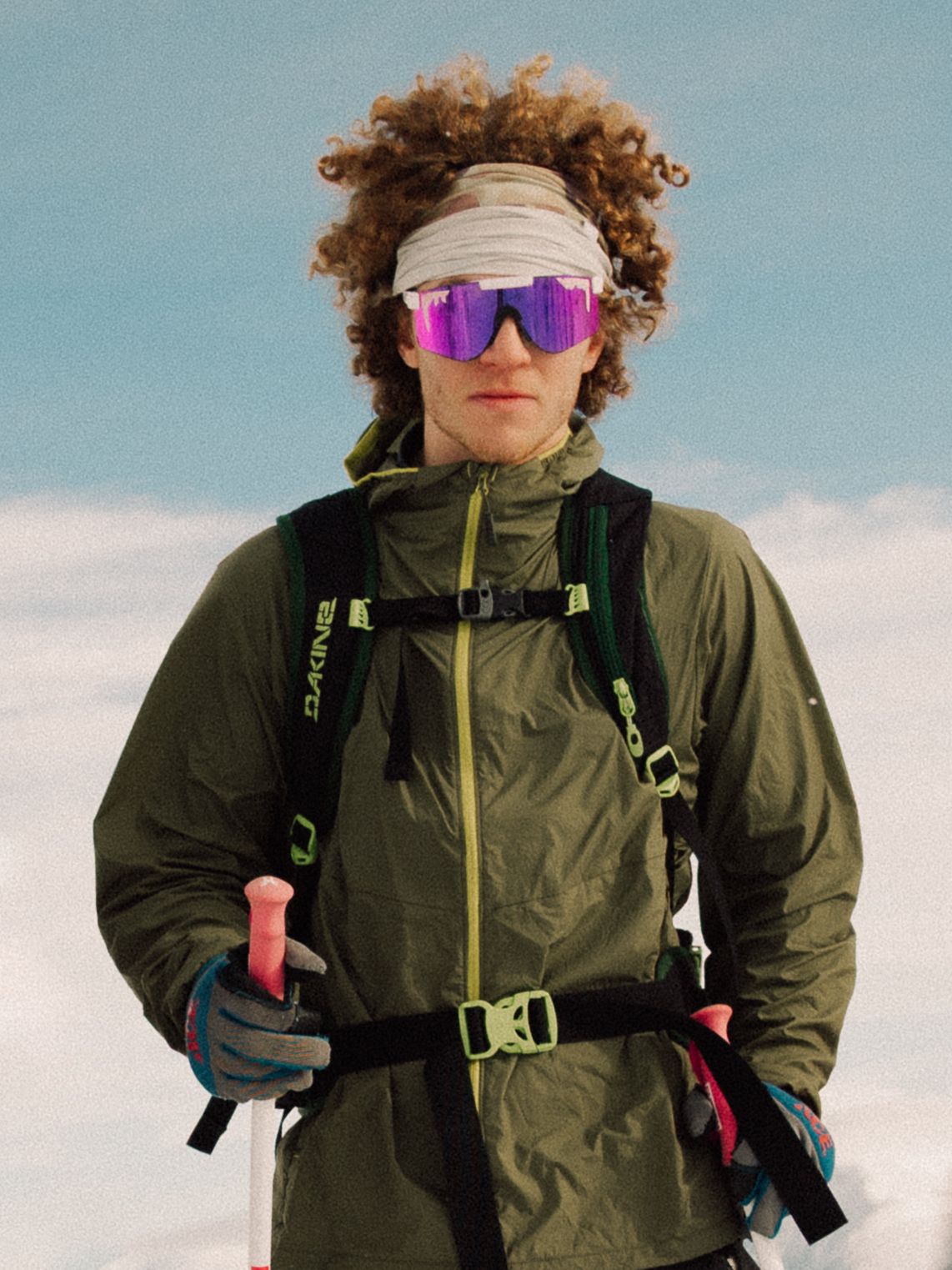 Grainy and moody ski portrait at Whitefish Mountain Resort, Big Mountain