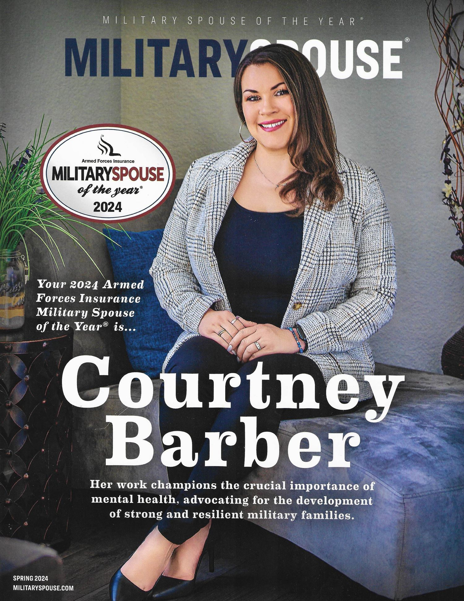 Magazine cover featuring Military Spouse of the Year 2024 in a plaid blazer.