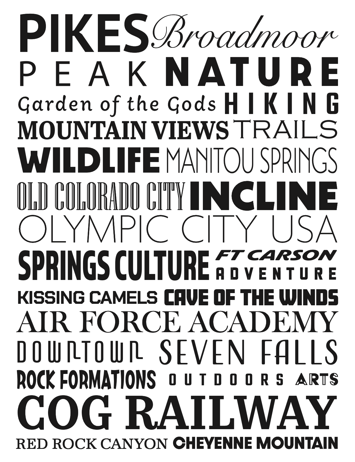 Typography art featuring Colorado Springs attractions and landmarks in black and white text design.