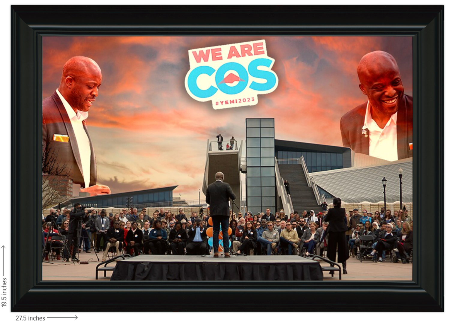 Large outdoor event with crowd gathering under red sky with 'We Are COS' signage.