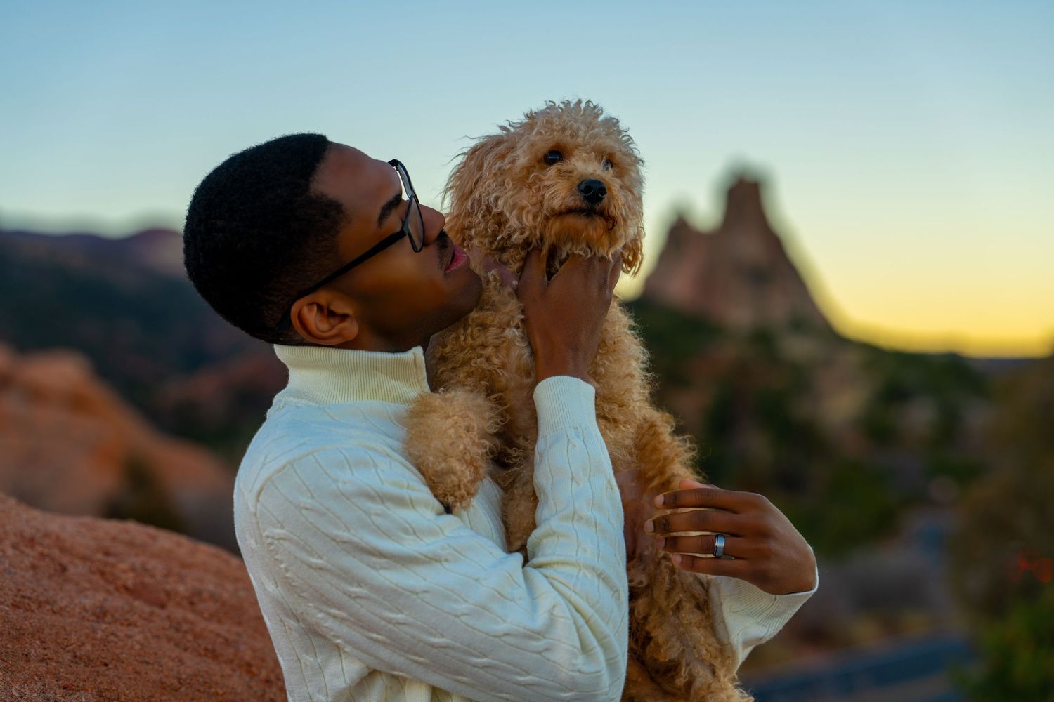 A person in white embraces a fluffy brown dog against a scenic desert landscape at sunset.