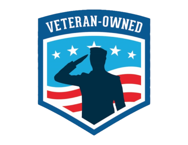 Blue and white veteran-owned business emblem featuring saluting soldier silhouette.