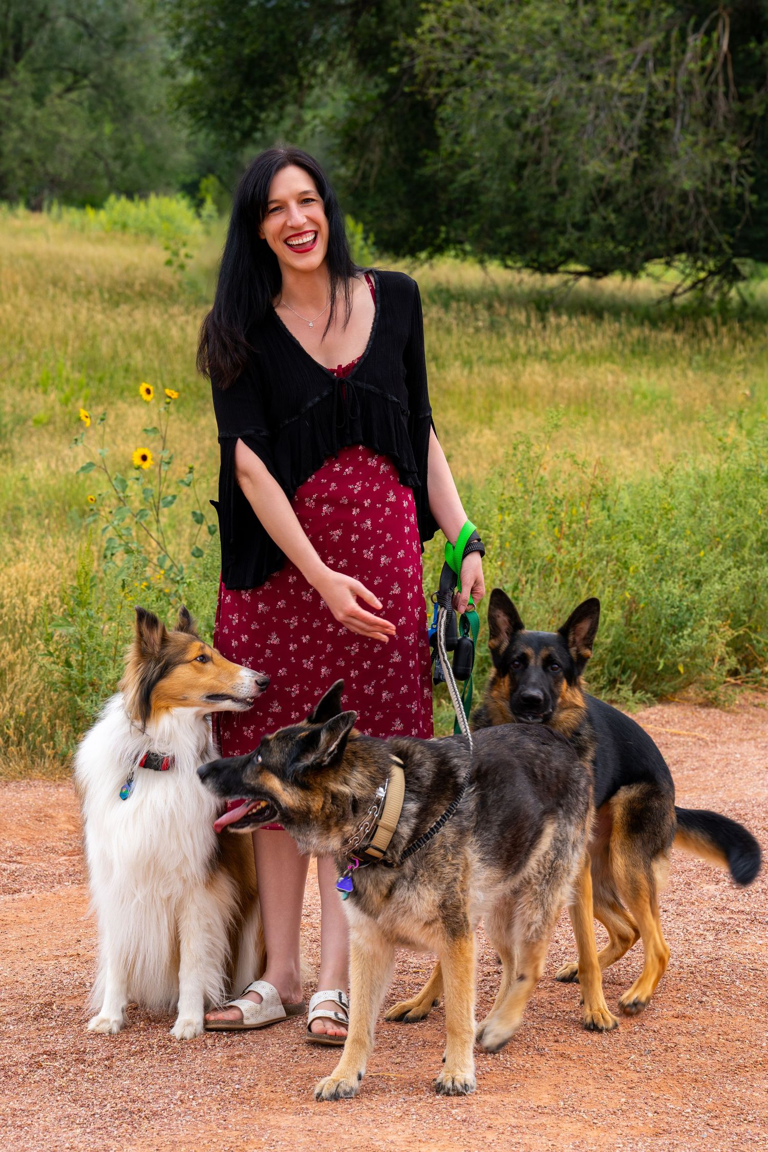 A woman in a red dress sits outdoors with four dogs including a German Shepherd and white fluffy dog on a dirt path.