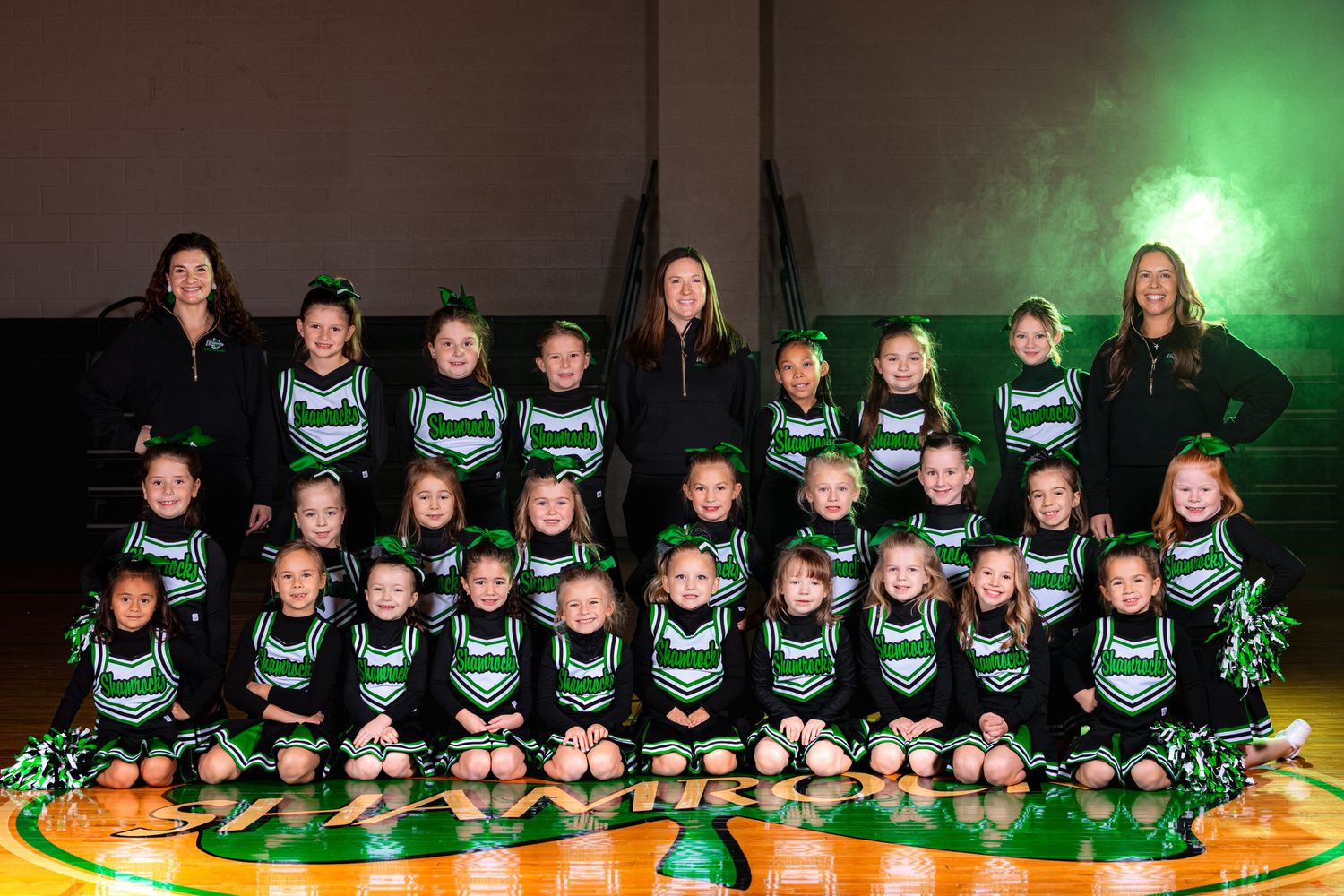 A cheerleading team in matching green and black uniforms poses together in a line on a gym floor.
