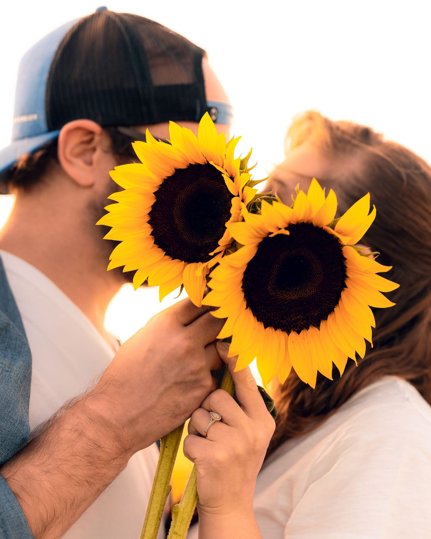 A romantic moment shared behind two bright yellow sunflowers against a sunlit background.