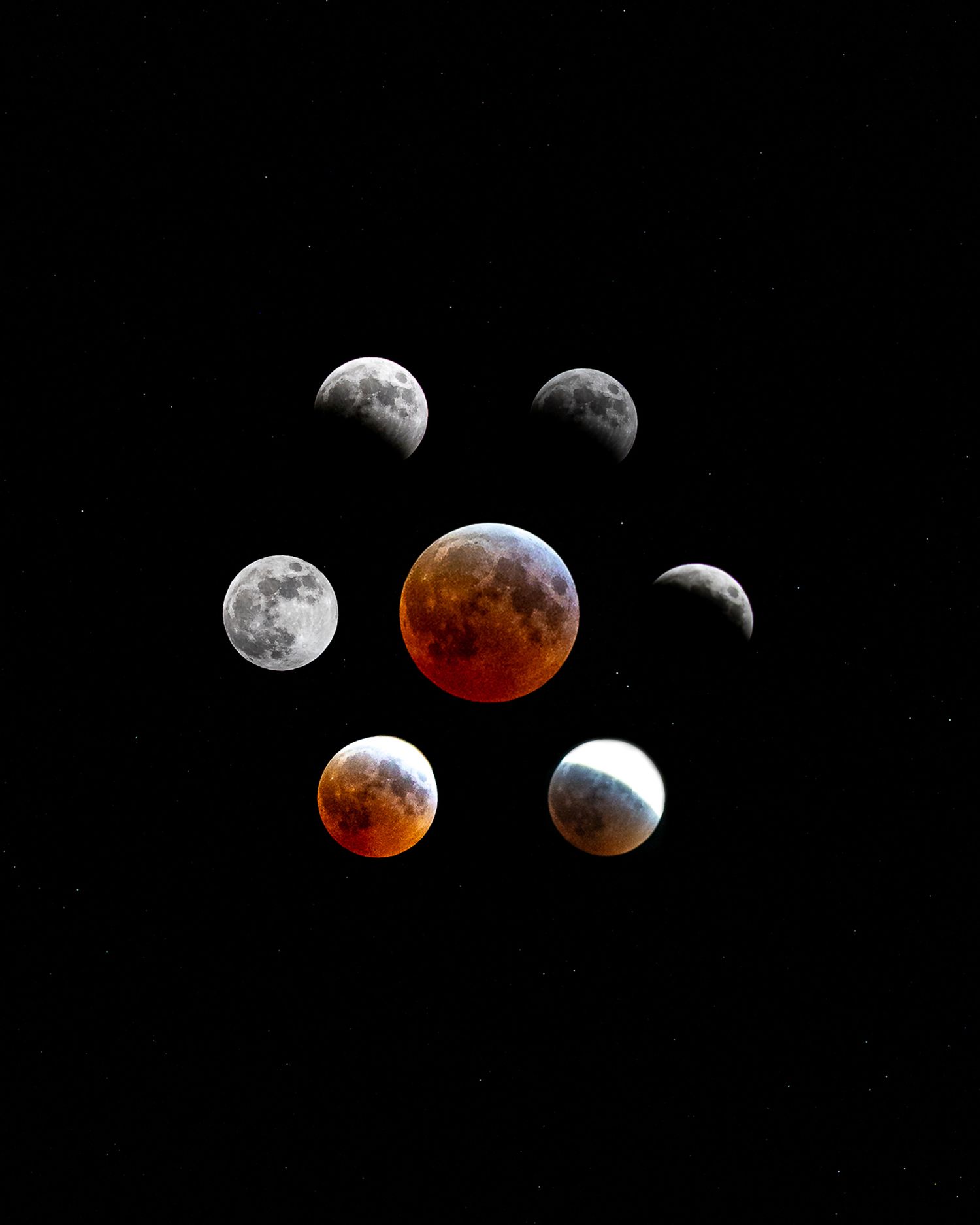 Composite image showing different phases of lunar eclipse with blood moon.