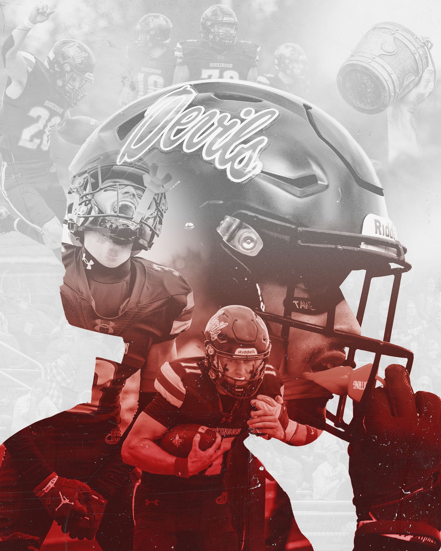 Double exposure sports photo design featuring a football helmet and player in red uniform with dramatic lighting effects.