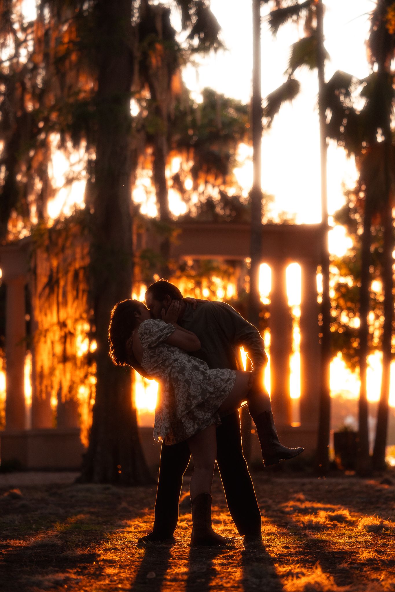 Silhouettes of people practicing yoga poses in a forest at sunset with golden light filtering through trees.