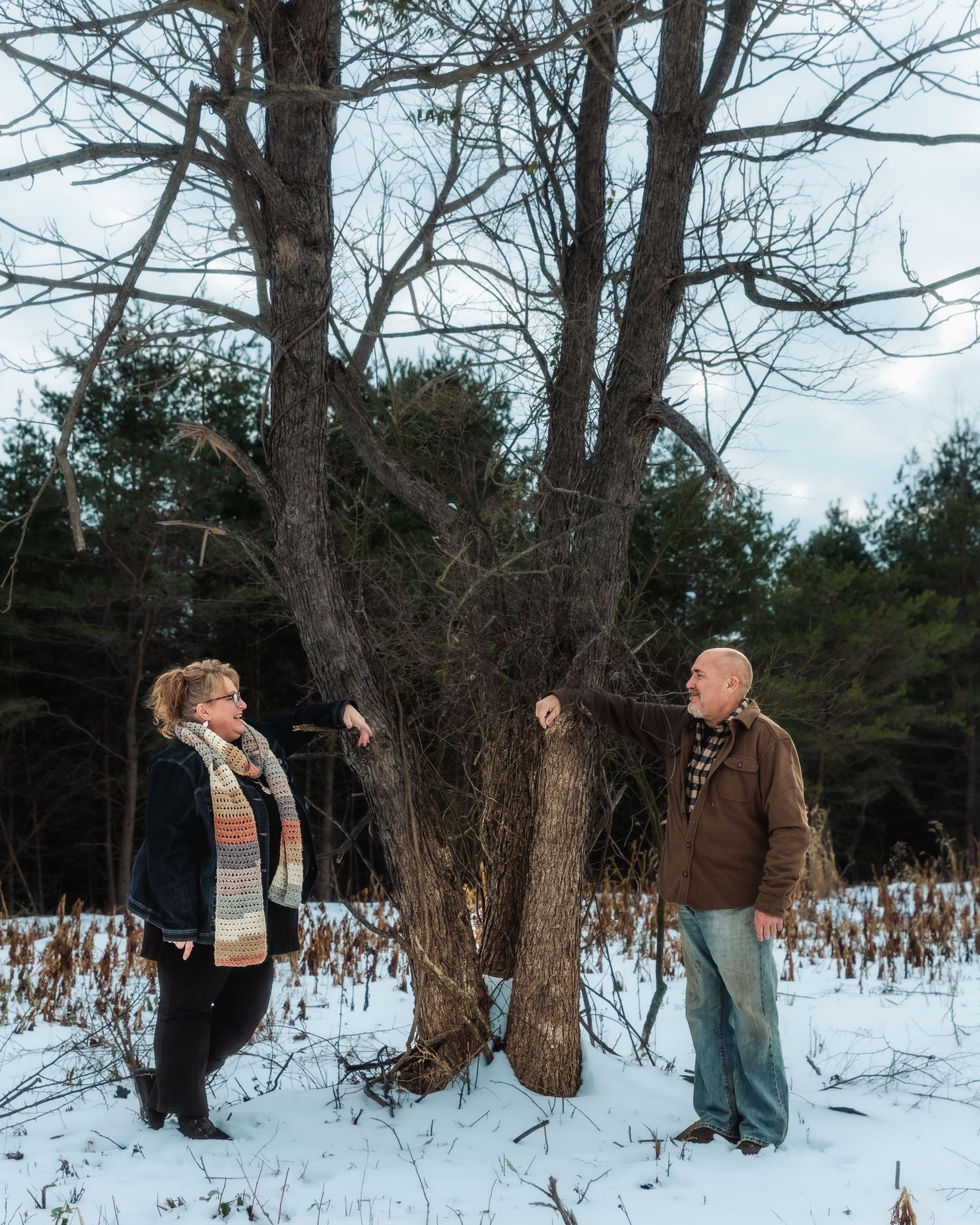 A sequence of photos showing people in winter clothing walking through a snowy wooded area with bare trees.