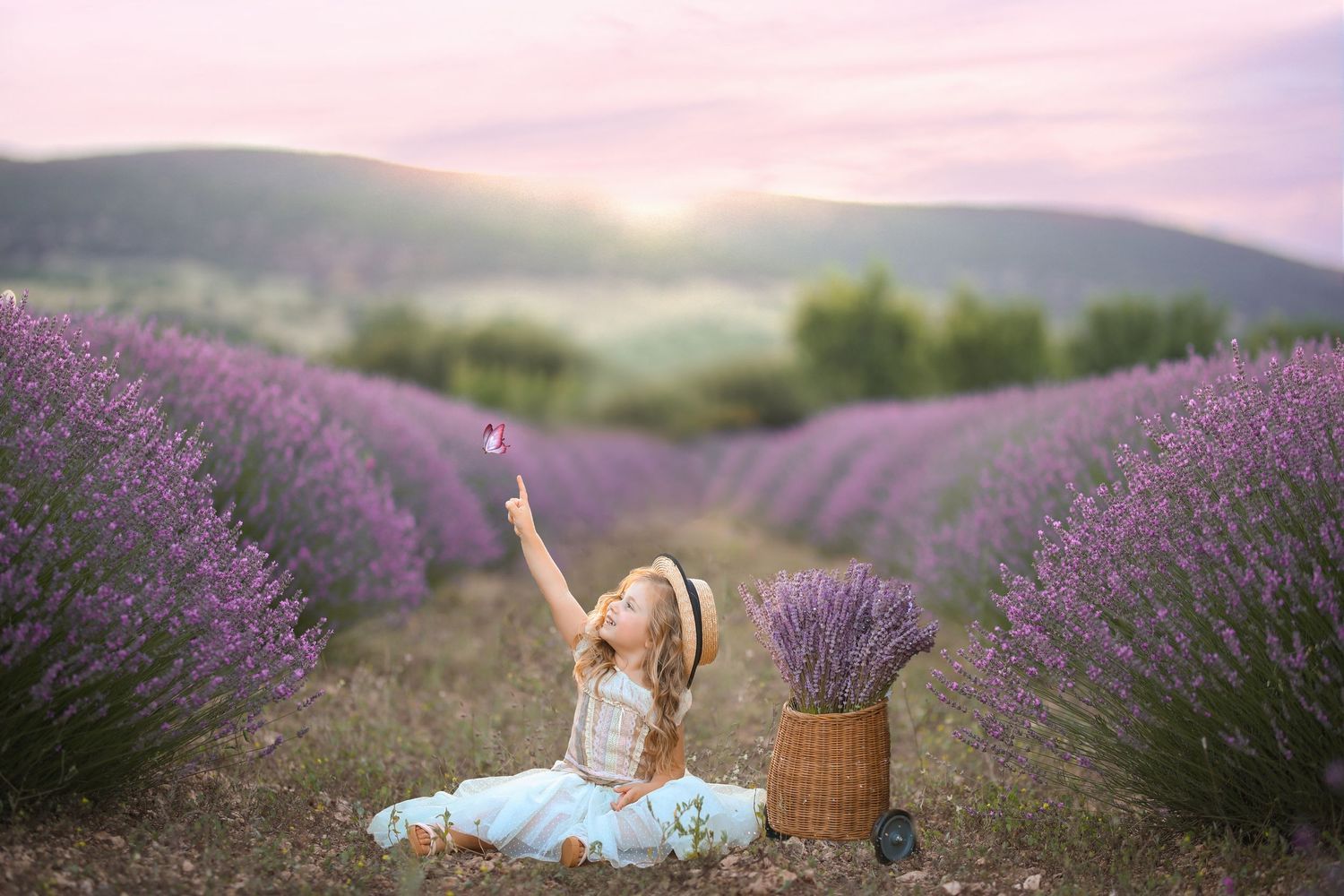 Dreamy portrait of someone lying in a lavender field at sunset with a basket of flowers. Dubai Photographer