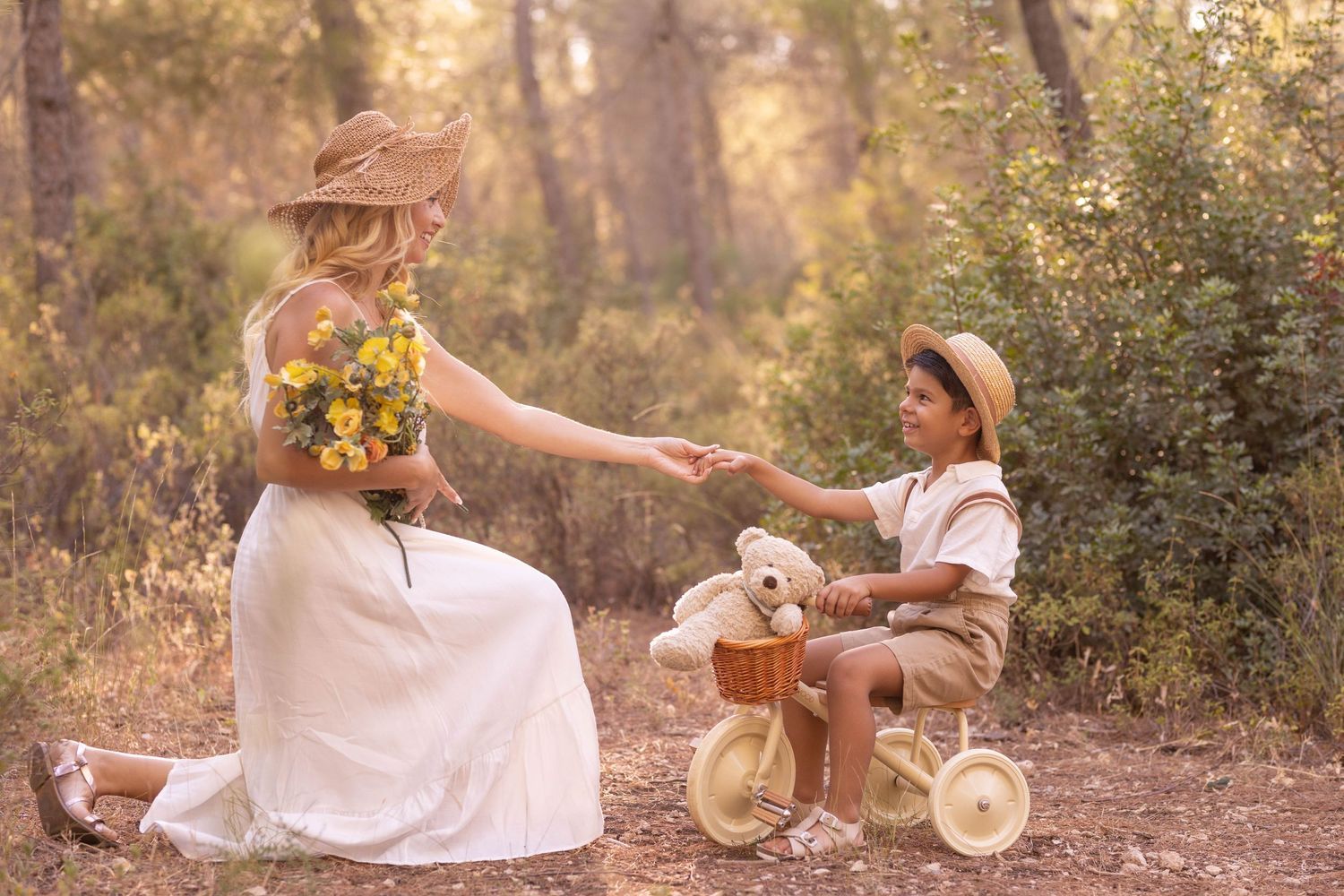 A heartwarming woodland scene with sunflowers and a vintage tricycle in golden afternoon light. Dubai Photographer