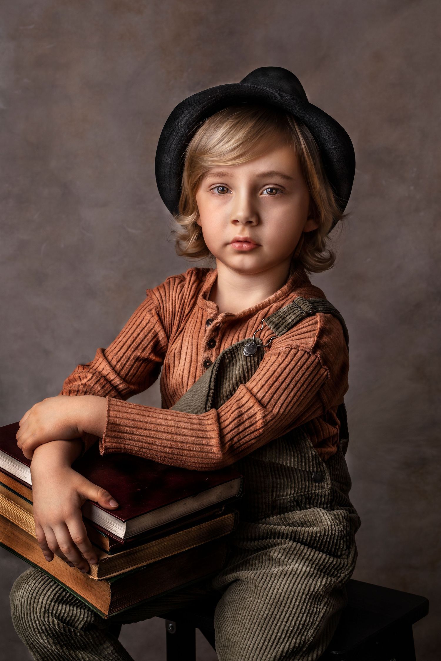 Vintage style portrait features young model in brown jacket, striped overalls and black bowler hat posing with books. Dubai Photographer