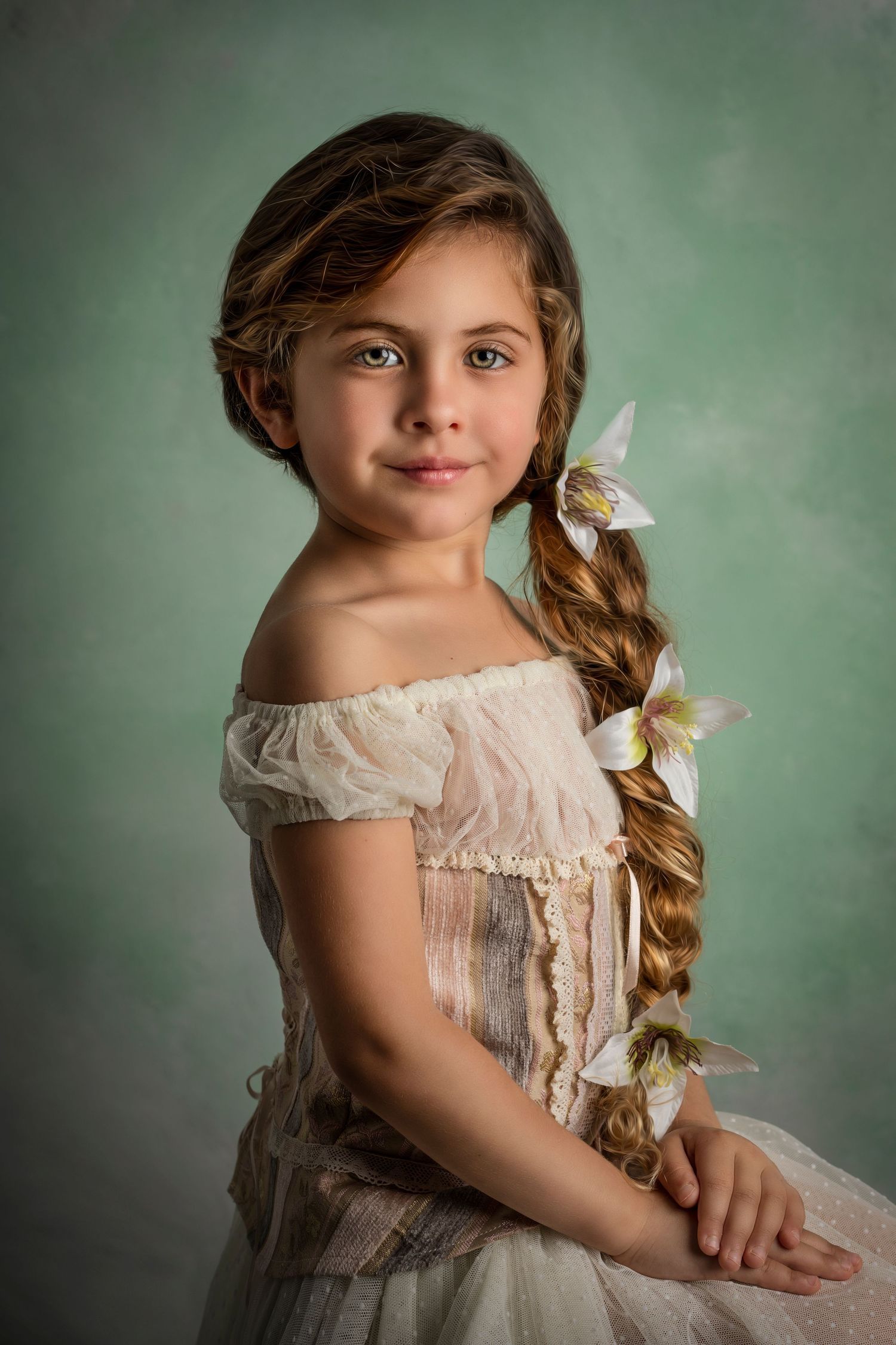 Romantic portrait with butterflies woven into braided hair against mint green background. Dubai Photographer