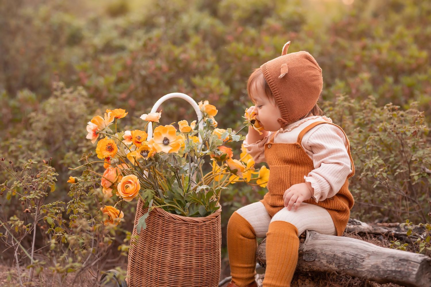 Child wearing orange overalls sits beside wicker basket filled with vibrant flowers in autumn setting. Dubai Photographer