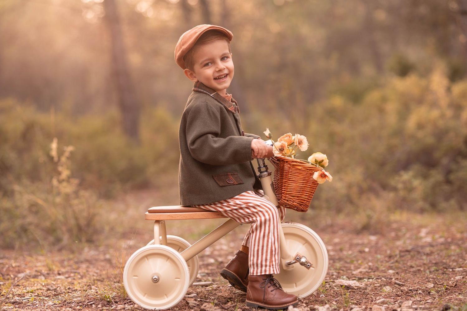 Vintage scene of someone riding a retro-style tricycle with a small basket in autumn lighting. Dubai Photographer
