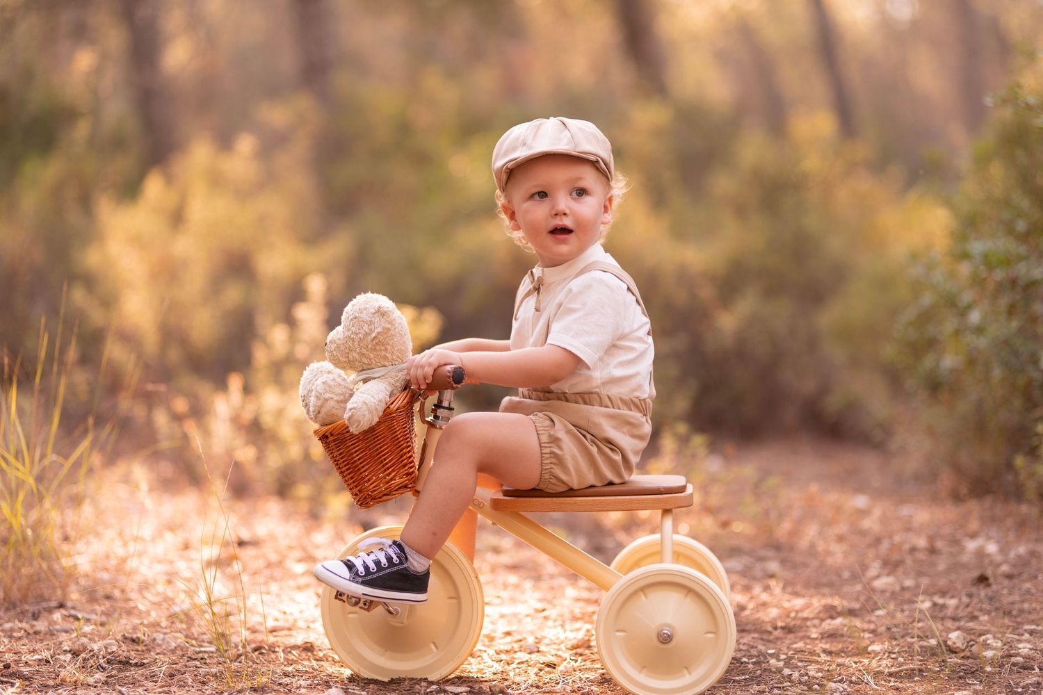 A vintage-styled scene featuring a wooden tricycle rider against a sunlit forest backdrop. Dubai Photographer