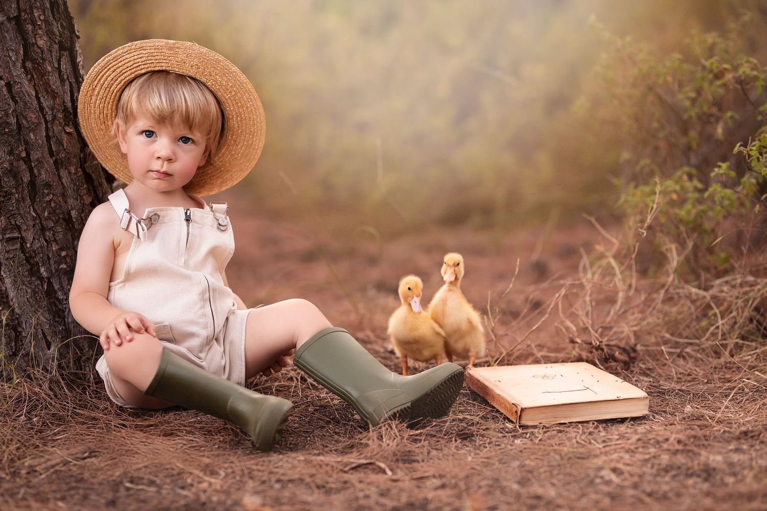 A pastoral scene with baby ducklings, books, and vintage styling in warm forest lighting. Dubai Photographer