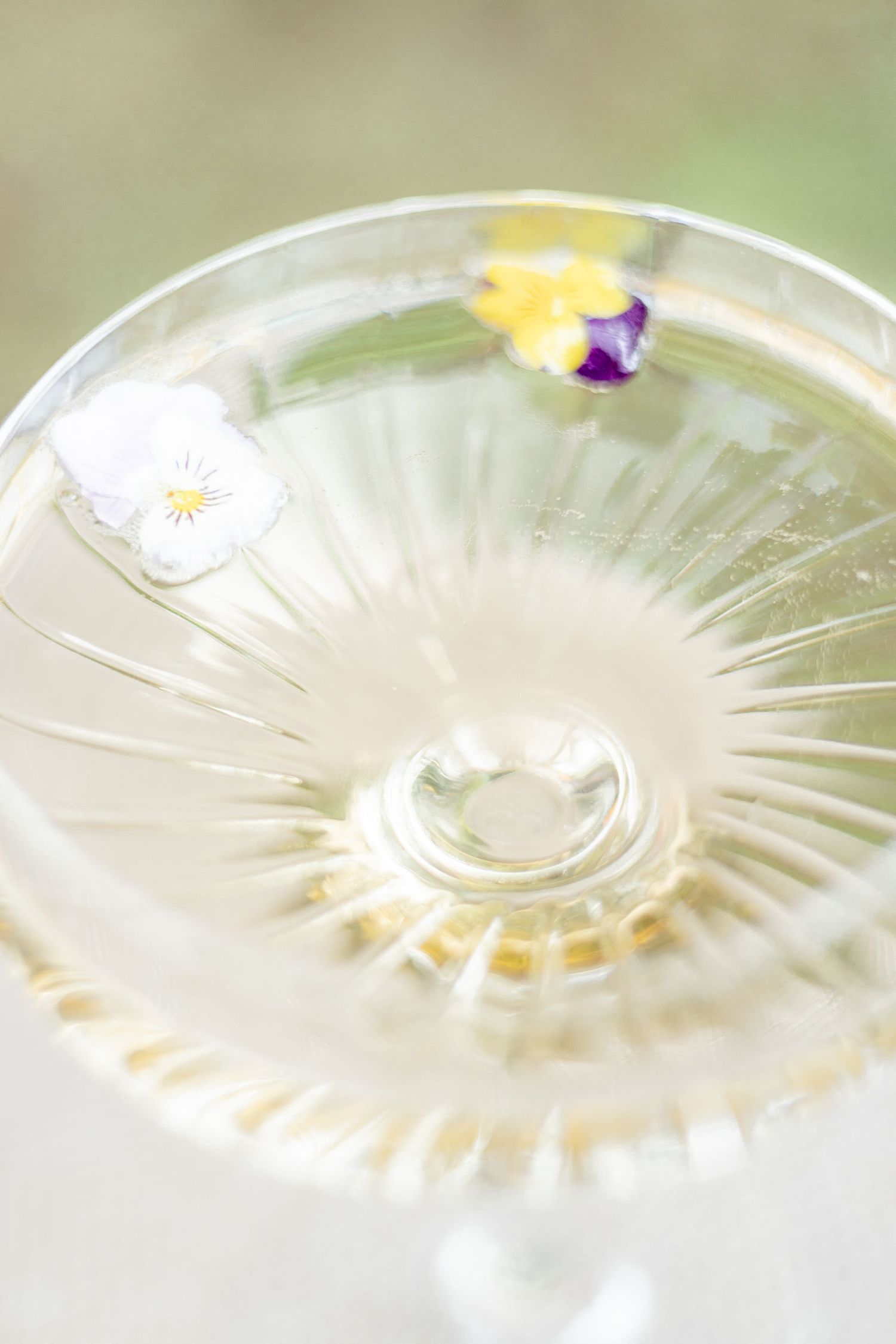 Crystal cocktail glass decorated with delicate edible flowers in natural light.