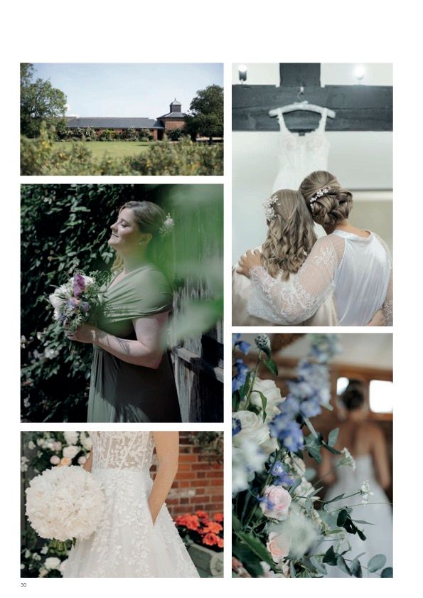 Collage of wedding detail shots including venue, dress, flowers and candid moments.