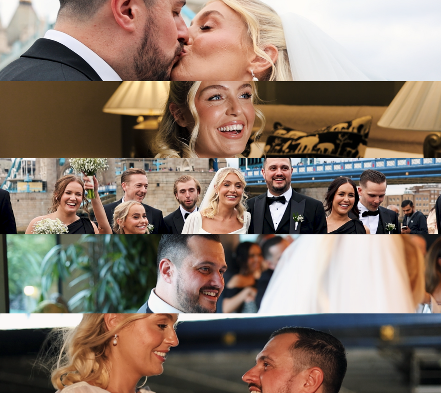 A joyful wedding collage featuring a couple kissing, group photos with bridesmaids and groomsmen, and intimate romantic moments.