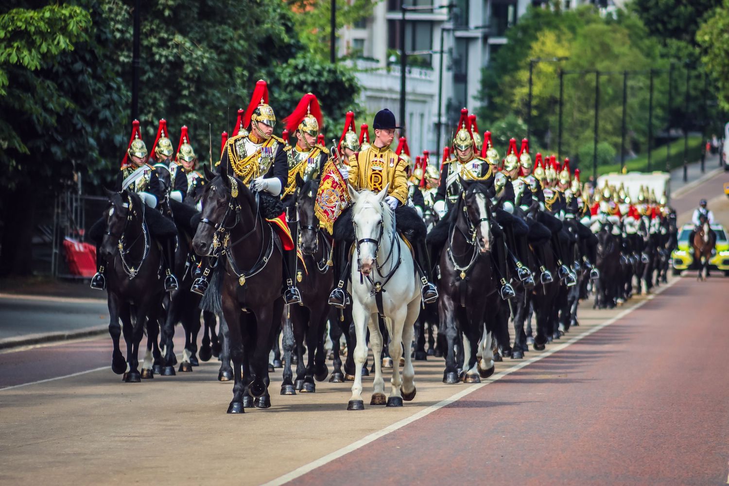Mounted cavalry unit in ceremonial dress parades along tree-lined street.