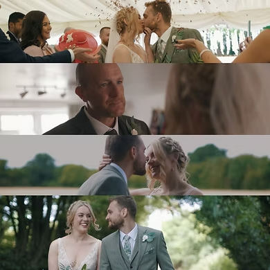 A wedding collage showing couples kissing, a groom smiling, and newlyweds sharing romantic moments outdoors.